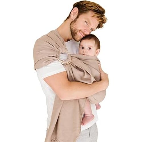 WildBird - Ring Sling Baby Carrier - Newborn to Up to 35 lbs - for Moms, Dads & Caregivers - 100% Natural European Linen Fibers - Versatile & Adjustable - 74” Size - Desert Lark Fabric & Gold Ring