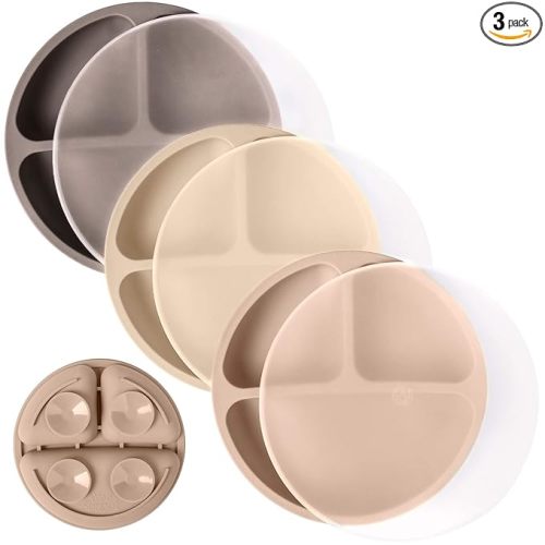 WeeSprout Suction Plates with Lids for Babies & Toddlers - 100% Silicone, Dinnerware Stays Put, Divided Design for Picky Eaters, Microwave & Dishwasher Friendly, 3 Pack