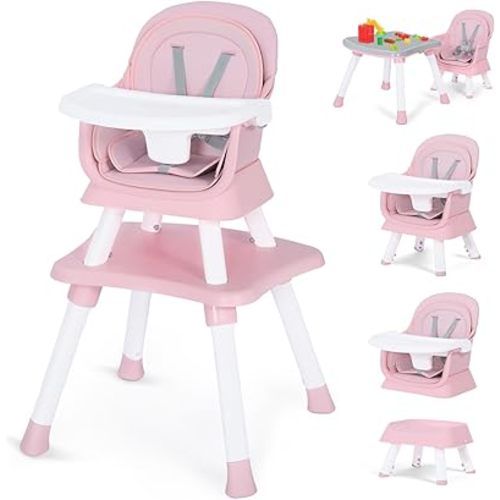 Kinder King 8 in 1 Baby High Chair, Coverts to Dining Booster Seat/Kids Table & Chair Set/Toddler Building Block Table/Kids Stool, Removable Tray & Double Seat Cover, Easy to Wipe, Pink & White