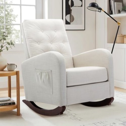 Muumblus Glider Rocker for Living Room, Rocking Chair for Nursery, Tufted High Back, Beige Linen