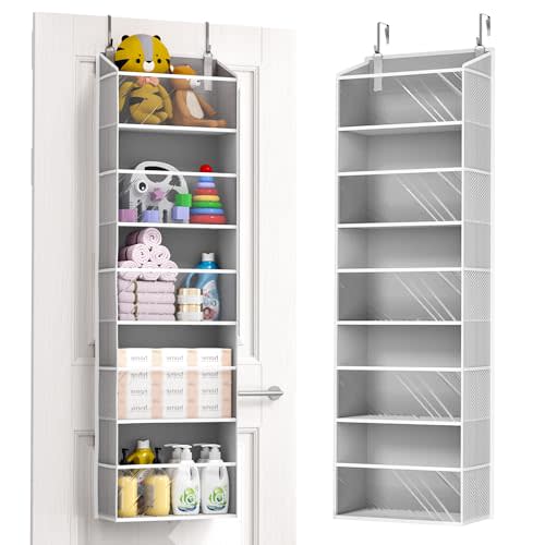 ULG 1-Pack Over Door Organizer with 5 Large Pockets 10 Mesh Side Pockets, 44 lbs Weight Capacity Hanging Storage Organizer with Clear Window for Bedroom Bathroom Kitchen, RV, Camper, Clear Grey