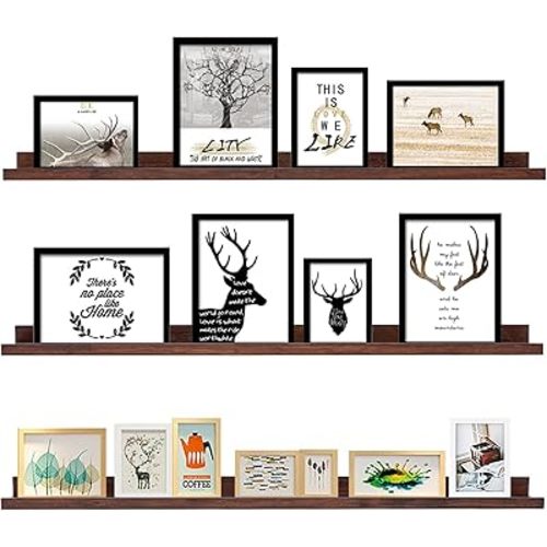 AZSKY Floating Shelves Deep Walnut for Wall Long Picture Ledge Shelf 48 Inch Beige Photo Ledge Shelves with Lip Wall Bookshelf for Kids Bedroom Living Room Bathroom Kitchen Wooden Spice Rack Set of 3