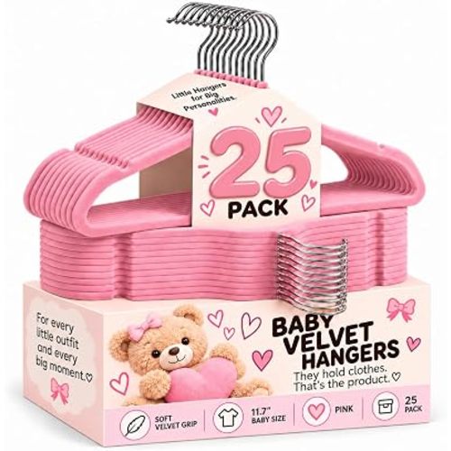 TechZoo 25 Premium Baby Velvet Hangers - 11.8 Inches Non-Slip & Ultra-Slim Baby Hangers for Space-Saving & Children Clothes - 360 Swivel Hook, Strong & Durable Infant & Toddler Clothes Hanger - Pink