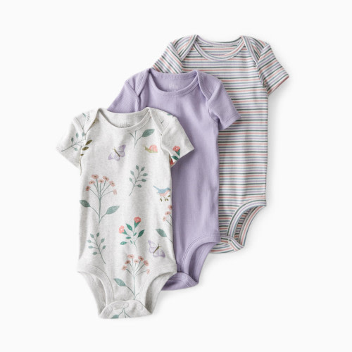 Carter's Little Planet 3-Pack Organic Cotton Rib Bodysuits - Botanical Butterfly, Striped, Lilac, 0-3 M