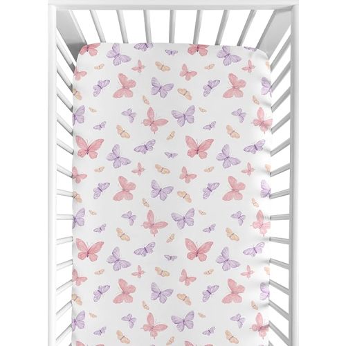 Sweet Jojo Designs Pink and Purple Shabby Chic Butterfly Girl Baby Fitted Crib Sheet Infant Newborn Nursery Toddler Bed Standard Mattress Blush Yellow Lavender Colorful Pastel Lilac Watercolor Pattern
