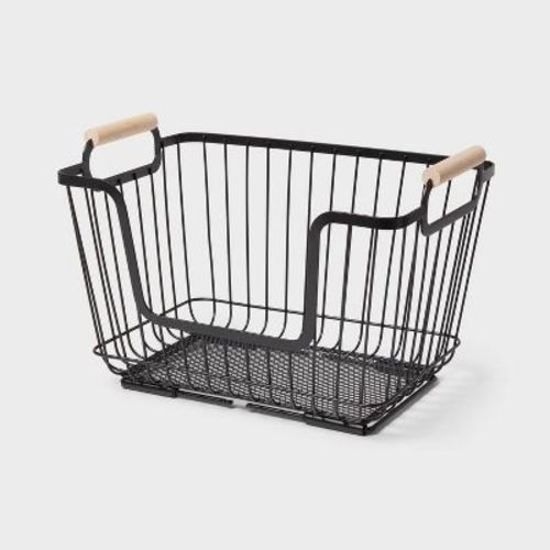 Metal Stackable Wire Pantry Basket With Rubber Wood Handle Black - Brightroom™: Kitchen Storage Organizer, 9"x13.5"