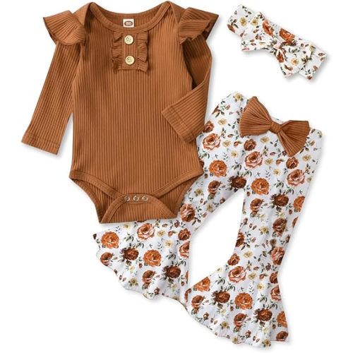 Kislio Newborn Baby Girls Clothes Ribbed Ruffled Romper+Floral Pants+Headband Infant Outfit Set