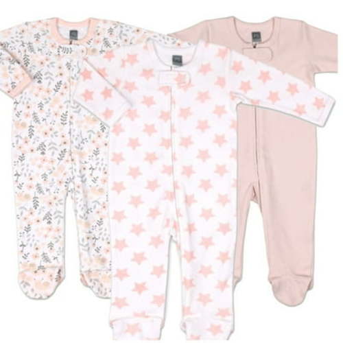The Peanutshell Baby Sleep n Play Footed Pajamas for Girls, Pink Floral, 3 Pack, Newborn to 9 Months