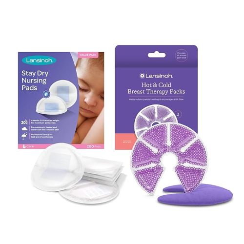 Lansinoh Disposable Nursing Pads, 200 Count, and Breast Therapy Packs with Soft Covers, 2 Pack, Breastfeeding Essentials for Moms - 200ct Pads + Therapy Packs