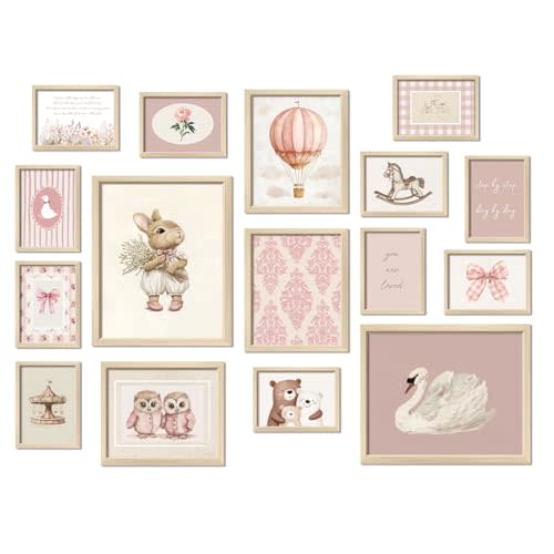 16 PCS Pink Nursery Wall Art Decor, Vintage Baby Girl & Boy Nursery Decor, Kids Toddler Room Bedroom Playroom Decor, Animals Eclectic Gallery Wall Prints, Bear Duck Goose Rabbit