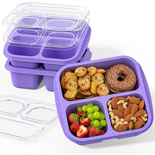 Snack Boxes (3 Pack) - Stackable Bento Boxes with 3 Compartments, Meal Prep Containers Reusable, Lightweight Lunch Containers for Kids and Adults, BPA Free (Purple)
