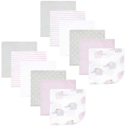 Hudson Baby Infant Girl Flannel Cotton Washcloths, Lilac Elephants 12 Pack, One Size