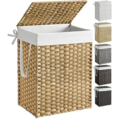 SONGMICS Laundry Hamper with Lid, 23.8 Gallon (90 L) Synthetic Rattan Clothes Laundry Basket with Lid and Handles, Foldable, Removable Liner, Goose Yellow ULCB51NL
