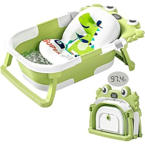 Collapsible Baby Bathtub for Newborns with Thermometer and Soft Floating Cushion Portable and Foldable Travel Baby Boy Bath Tub for Infants to Toddler 0-36 Month (Green)