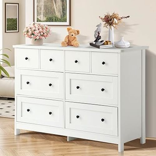 8 Drawer Dresser for Bedroom - 47" Wooden Dresser Modern Chest of Drawer with Metal Knobs, Large Storage Organizer Cabinet for Kids Bedroom Living Room Entryway Hallway (White)