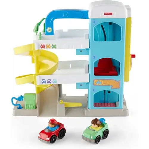 Fisher-Price Little People Toddler Toy Helpful Neighbor's Garage Playset with Spiral Ramp and 2 Wheelies Cars for Ages 18+ Months