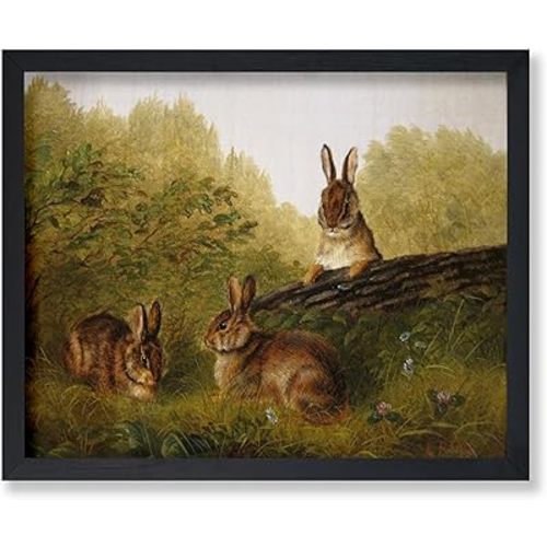 Poster Master Vintage Rabbits On A Log Painting Poster - Retro Easter Bunny Print - Forest Art - Moody Art - Jungle Art - Animal Lover Art - Great Farmhouse or Nursery Decor - 8x10 UNFRAMED Wall Art