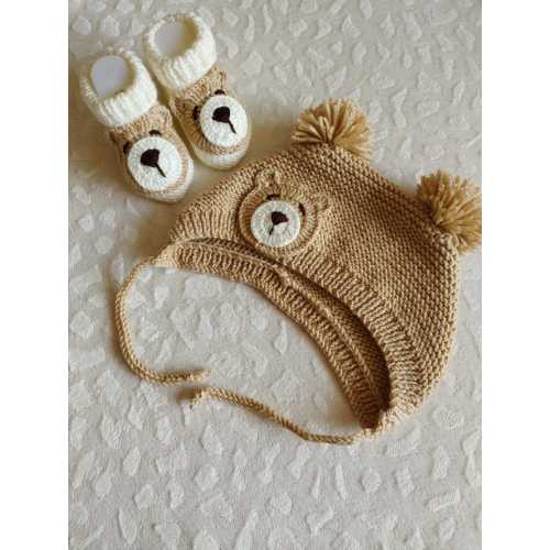 Hand-Knitted Organic Cotton Teddy Bear Newborn Hat and Shoes Set