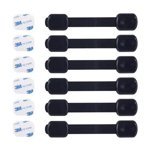 Child Safety Cabinet Locks (6 Pack) – Adjustable Baby Proofing Strap Latches with Strong 3M Adhesive – No Drill Childproof Locks for Drawers, Cabinets, Fridge, Door, Closet, Black