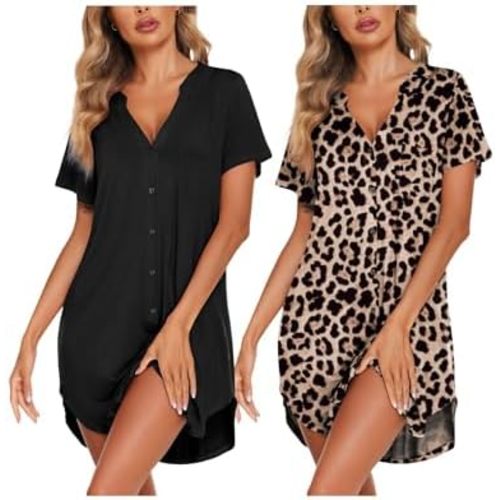 Ekouaer 2 Pcak Nightgowns for Women Button Down Sleep Shirts V Neck Night Shirts Night Gowns