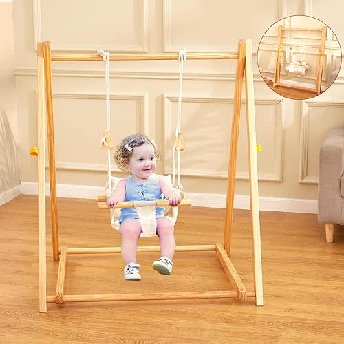 FUNLIO Wooden Swing Set for Toddlers 6-36 Months, Foldable Baby Swing Set with Durable Pine, Portable Toddler Swing with 4 Sandbags & Extension Straps, Kid Swing for Indoor/Outdoor/Backyard