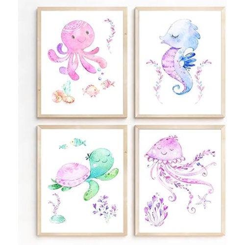 Ocean Animal Nursery Canvas Wall Art Print,Pink Cute Sea Animal Octopus Jellyfish Turtle Seahorse Octopus Print Painting Decor,for Baby Girl's Room Decor Nursery Kids Bedroom Bathroom Decoration,Set of 4(8"x10"inch,Unframed).