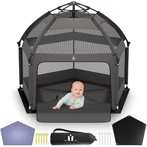 Pop Up Playpen for Babies and Toddlers - Foldable Baby Playpen with Canopy (UPF 50), Self Inflating Playmat, Wind Shade & Carry Bag - Durable Baby Beach Tent, Outdoor Playpen for Babies