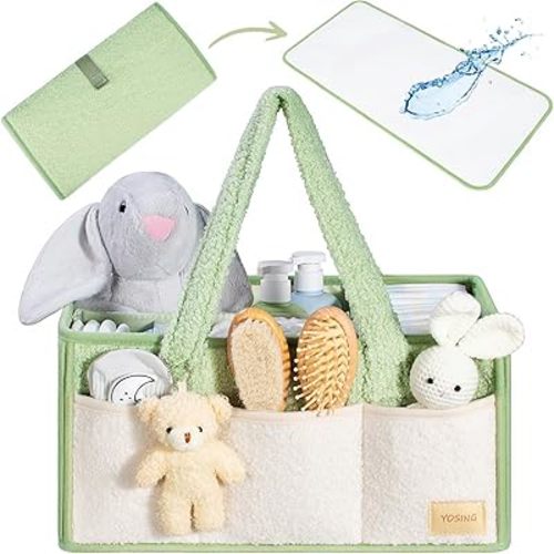 YOSING 2in1 Diaper Caddy with Changing Pad, Baby Diaper Caddy Organizer with Changing Mat, Newborn Caddy for Car Travel, Nursery Storage and Car Organizer for Diapers and Baby Wipes, Green+ White