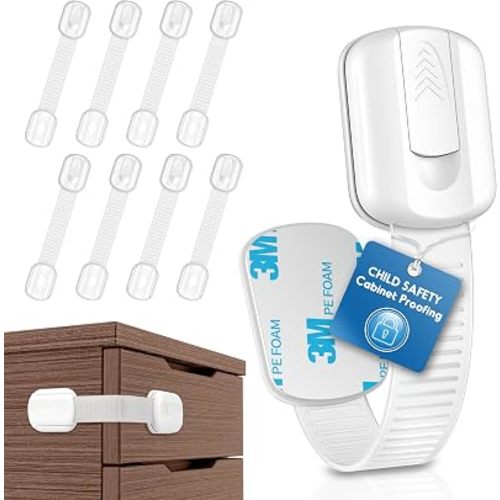 8 Pack Cabinet Locks Baby Proofing, Child Proof Cabinet Locks with Strong Adhesive Child Safety Locks for Doors No Drilling, Cabinet Locks for Babies- White