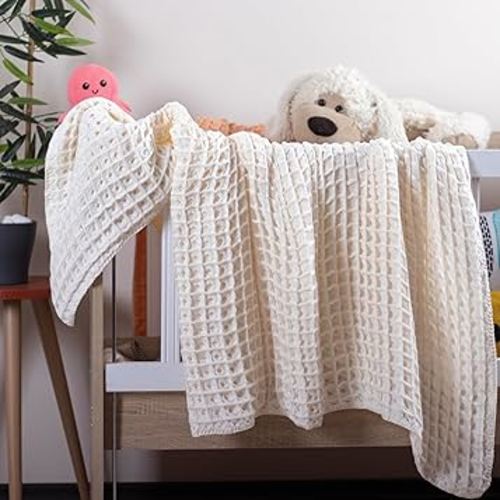 Waffle Weave Receiving Blankets Baby Girl, 100% Cotton Baby Swaddling Blanket, Thermal Baby Cover, Breathable, Ultra Soft, All Seasons, Unisex, Luxury (Ecru, Baby)