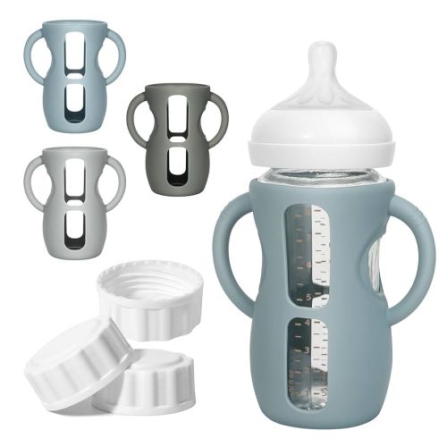 3 Pack Silicone Sleeves for Philips Avent Natural Glass Bottle Food Grade Anti Breakage Baby Bottle Holder with Handles and 3pcs Travel Bottle Caps (Dark Blue+Dark Green+Grey, 8oz)