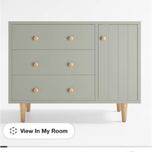 Finn 44" Narrow Sage Green Wood 3-Drawer Kids Dresser with Door
