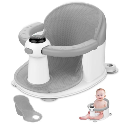 Baby Bath Seat for Babies 6 Months & up, Water Temperature Display+Soft Cushion, Non-Slip Toddler Bath Seat for Baby, Sit Up Bath Seat for Baby, Grey