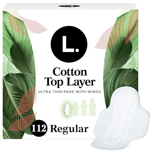 L. Ultra Thin Pads for Women, Regular Absorbency, Organic Cotton Top Layer, Unscented Pads with Wings, 112 CT