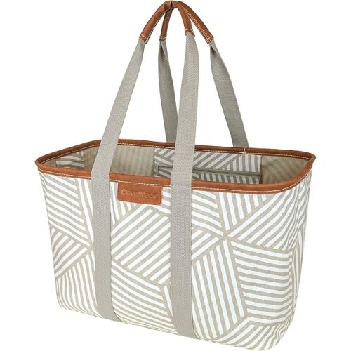 CleverMade Collapsible LUXE Tote, Geometric Taupe - 30L (8 Gal) Structured Tote Bag with Handles and Reinforced Bottom - Reusable Grocery Bag, Shopping Bag, Utility Tote Bag