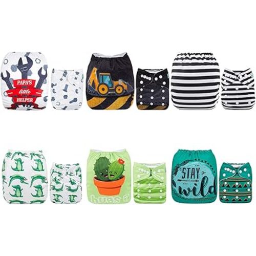 ALVABABY 6 Pack with 12 Inserts Baby Diaper Pocket Cloth Diapers Reusable Washable Adjustable for Baby Boys and Girls 6DM35