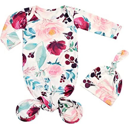 Newborn Baby Sleeper Gown Knotted Gown Baby Girl Boy Coming Home Outfits 2-Piece Gown and Hat Set 0-3 Months