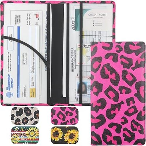 Premium Leather Car Registration & Insurance Card Holder with Magnetic Shut, Vehicle Glove Box Car Organizer - For Documents, Cards, License (Leopard B)