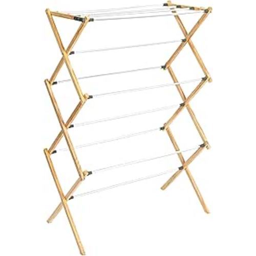 Household Essentials X-Frame Clothes Drying Rack, Stabile Wood Frame with Slanted Feet, Smooth Vinyl Wrapped Rods, 23.8 Feet of Hanging Space, Ready to Assemble, Flat Top, Natural
