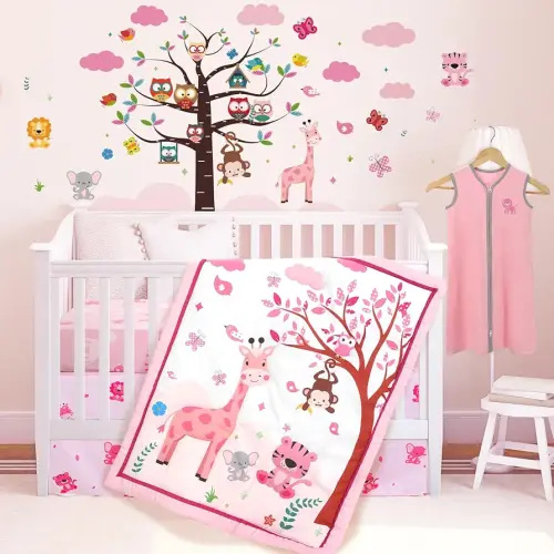 Sunnyray 6 Pcs Safari Animals Baby Nursery Crib Bedding Set for Girls Standard Size Baby Bedding Sets with Baby Comforter Fitted Sheet Crib Skirt Pink Jungle Theme Peel Stick Girl Nursery Wall Decal
