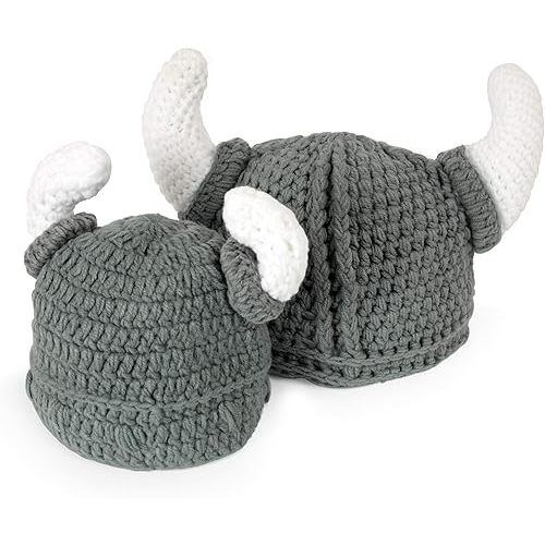 Ypser Baby Adult Viking Knit Hat Wool Bull Horn Crochet Beard Beanie Cap Handmade Knitted