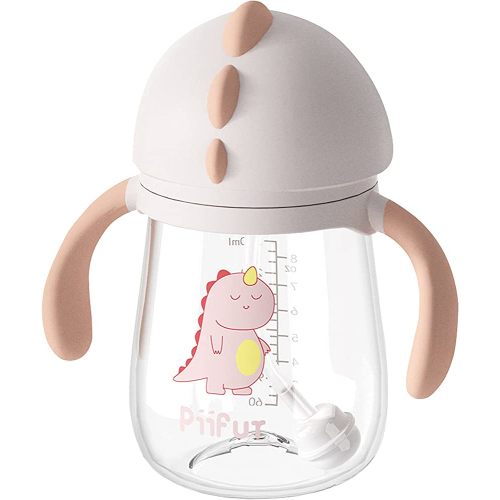 Piifur Baby Cup with Straw 12-18 Months, Weighted Ball Sippy Cup for Toddlers with Handle, Water Bottle for Kids 8 Ounce (Pink)