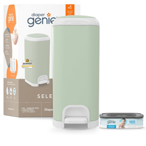 Diaper Genie Select Pail (Green) is Made of Durable Stainless Steel and Includes 1 Starter Square Refill That can Hold up to 165 Newborn-Sized Diapers.