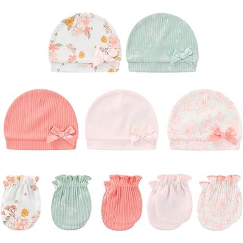 Baby Hat and Mittens Set Cotton Newborn Baby Hats Caps for Boys and Girls, 0-6 Months