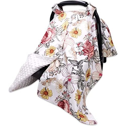 Floral Baby Car Seat Canopy Soft Plush Dotted Backing Baby Car Seat Cover Girls, Infant Carseat Canopy, Stretchy Multi- use Nursing Cover for Stroller/High Chair/Shopping Cart/Car Seat Canopies