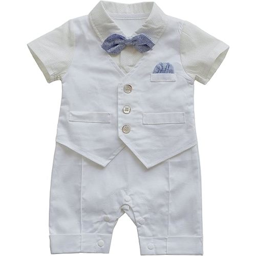 Baby Boy Gentleman White Shirt Waistcoat Bowtie Tuxedo Onesie Jumpsuit Overall Romper | Size 0-3M