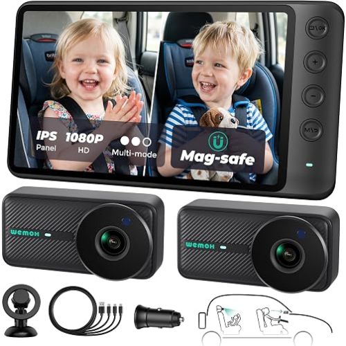 WEMOH Magnetic Dual Baby Car Camera for Two Kids, 1080P IPS Display with Magnetic Mount, 3 Modes( Zoom/Mirror/Split ), Automatic Night Vision, USB-Powered Car Camera for Baby Rear Facing (2 Cams)