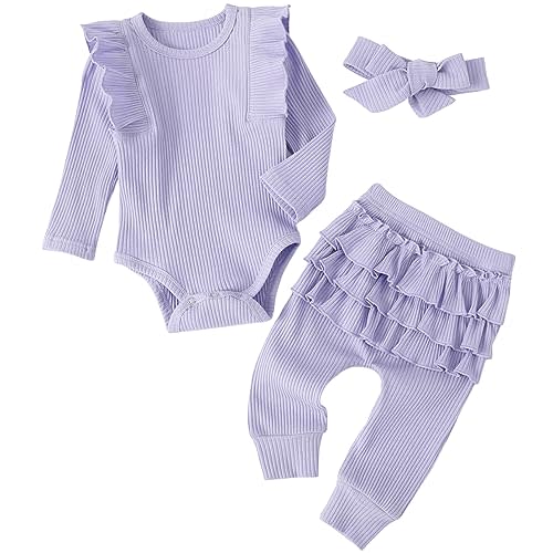 Fullfamous Baby Girl's 3pc Rib Frill Long Sleeve Romper and Pant Set