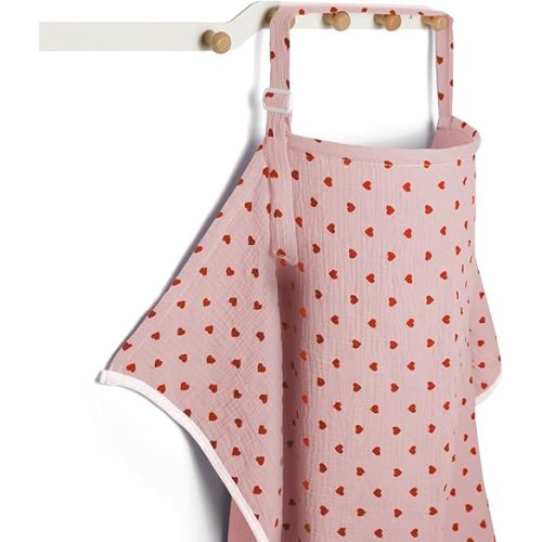 Muslin Nursing Covers for Breastfeeding, Arch Neckline Breast Feeding Covers for Women, Moms Privacy Breathable Summer Nursing Apron, 43.3" x 25.6" Soft Feeding Cover (Pink Red Heart)