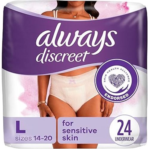 Always Discreet Sensitive, Incontinence & Postpartum Underwear for Women, Maximum Plus Protection, Large, 24 Count (Packaging May Vary)